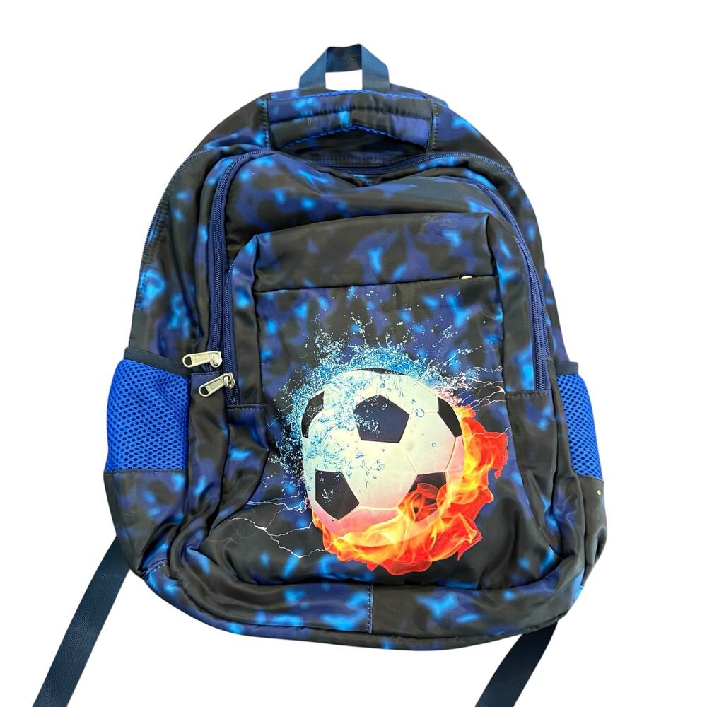 Backpack, kids, soccer ball, flames, blue black tie dye, multi-compartment